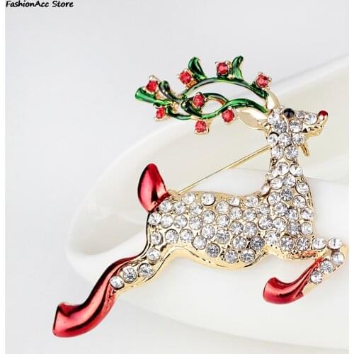 1 PC Christmas Brooch Xmas Lucky Reindeer Deer Pin Crystal Rudolph Elaphurus Festival Party Gift Women Kid Xmas Decor