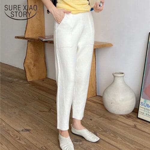 2020 Autumn and Winter Casual Pocket Tapered Padded Capri-Pants Wide Leg Pants Womens Knitted Pants Chic Warm Harem Pants 11069