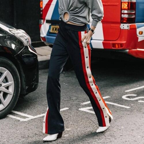 TREND-Setter 2019 Spring and Summer New Metal Buckle Stitching Stripes Straight Pants Female Casual Pants Trousers Women