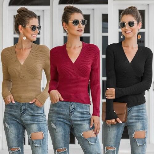 FNOCE 2020 winter womens Sweater fashion trends casual elegant solid long sleeve v-neck tight stretch slim Pullovers Sweater