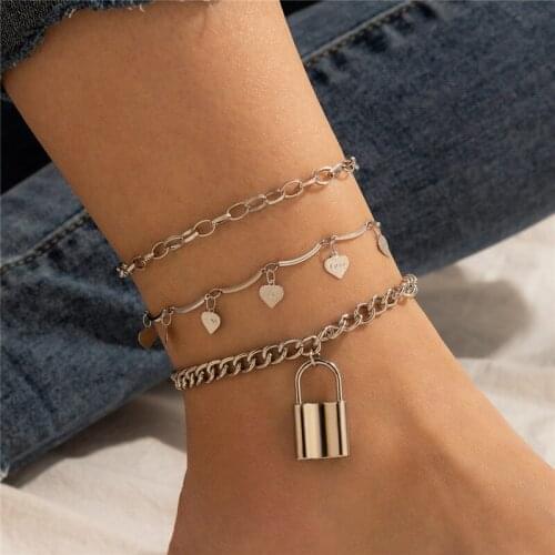 HuaTang 3pcs/set Boho Love Heart Lock Pendant Anklet Set for Women Multilayer Silver Color Cuban Foot Chain Female Beach Jewelry