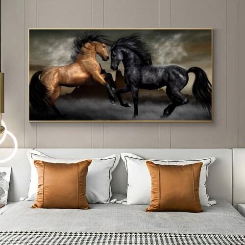 Modern Animal Posters and Prints Wall Art Canvas Painting Living Room Decoration Boast Frameless Two Horses Dancing Pictures