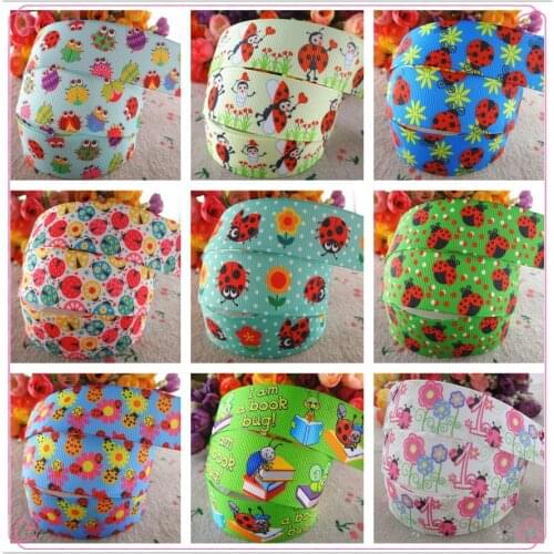 18092718, 1" 25mm 5 yards flowers ladybug printed grosgrain ribbons DIY hair bows handmade materials