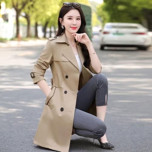 2021 Spring And Autumn New Windbreaker Womens Mid-Length Slim Wild Plus Size Coat Female Trench
