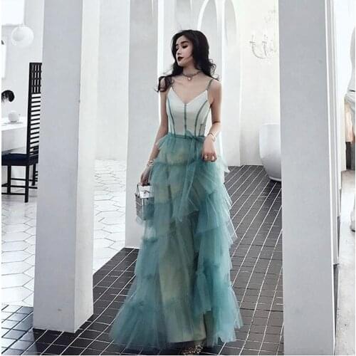 New Deep V Neck Elegant Sling Dress Lady Evening Banquet Mesh Dress Woman Stitching Long Evening Grown