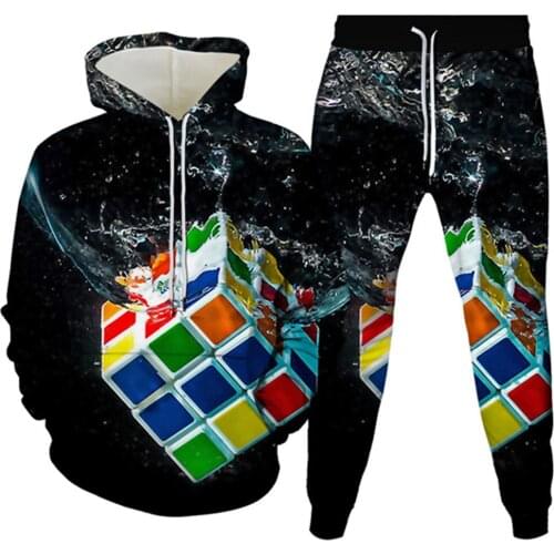 Autumn Spring Men Fashion Hoodies+Pants Sets Funny Rubiks Cube Pocket 3D Print Casual Clothes Women Hoody Streetwear Tracksuit