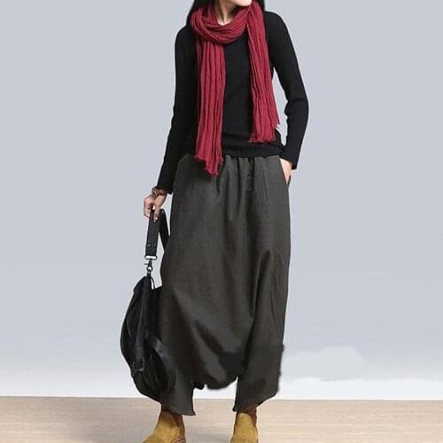 Autumn Women Casual Linen Harem Pants Baggy Bottoms Fashion Solid Low Crotch Female Plus Size Pants