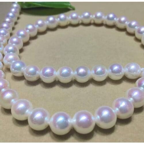 Authentic Japanese AKOYA natural seawater pearl necklace 8-9mm white pink circle very 925 Silver clasp 18inch