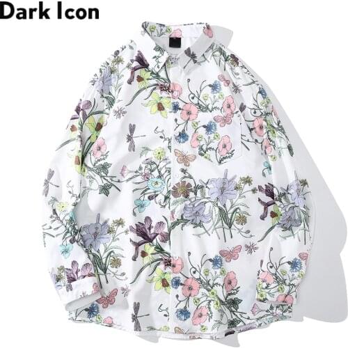 Dark Icon Floral Long Sleeved Shirt Men Turn-down Collar Mens Shirts Autumn Shirts for Man