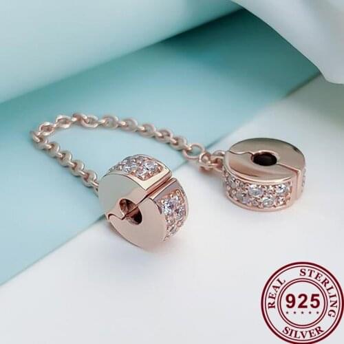 100% 925 Sterling Silver Charm Fashionable And Shining Rose Gold Round Safety Chain Fit Pandora Bracelet Diy Jewelry