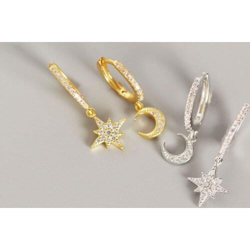 Light Luxury S925 Silver color Earrings Simple Style Star Moon Asymmetric Earrings Personalized Inlaid Zircon Womens Accesso