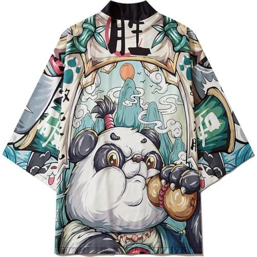 Cartoon Panda Printed Traditional Harajuku Streetwear Cardigan Yukata Vintage Japanese Style Couple Women Men Kimono Pants Set