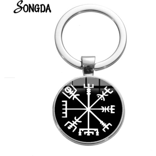 Norse Vikings Symbol Steampunk Keychain Vegvisir Warrior Viking Compass Glass Dome Key Chain Retro Pattern Amulet Jewelry