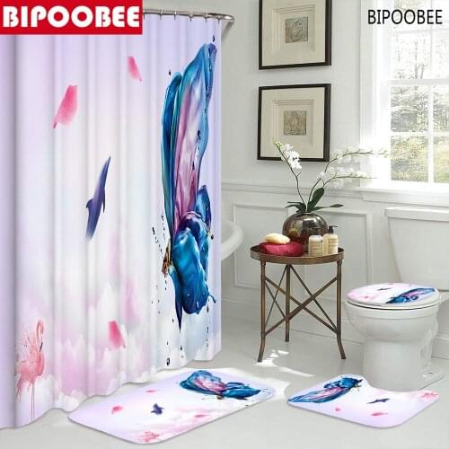 Fantasy Dolphin Butterfly Printed Shower Curtain Fabric Waterproof Polyester Bathroom Decor Pedestal Non-slip Rug Bath Mats