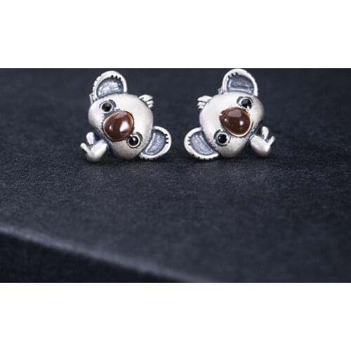 100% S925 Sterling Silver Vintage distressed Thai silver koala stud earrings female factory direct sale cute animal earrings