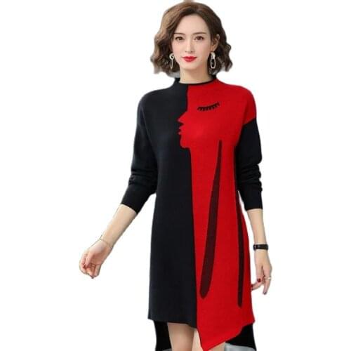 Autumn Winte New knitting Long Sleeve Half Height Collar Womens Sweater Mid-long Splicing Loose All-match Beat End Shirt