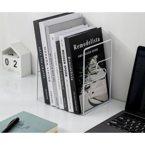 1 Pair White/Black Iron Bookends Book Stand Support Desktop Office Magazine Organizer Non Slip Book Rack Shelf Holder Decorative
