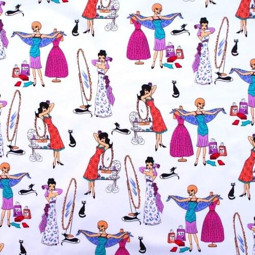 1 yard Cotton stretch satin Fabric - Fashion Lady, mirror and cat (white background) (width=130cm)