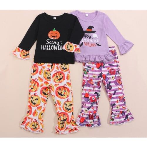 Spring Fall Toddler Girls 2Pcs Halloween Outfits Long Sleeve Round Neck Letter Print Tops + Ruffle Pants Set Purple/Black