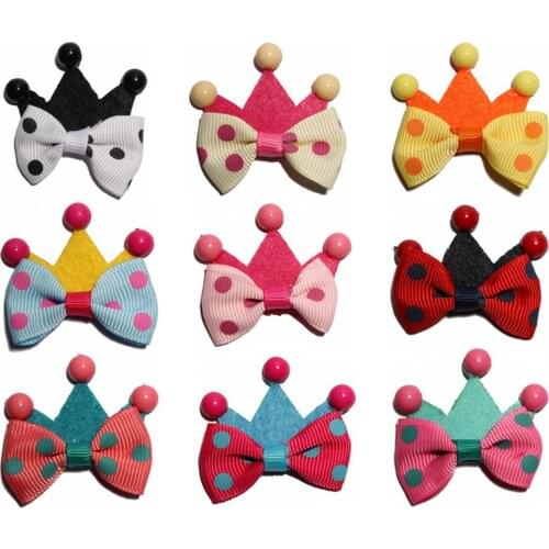 30pcs/lot 3 beads + non-woven crown + Polka dot ribbon bow Applique Hair Beauty Bowknots DIY headwear