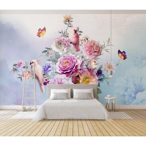 3d hand-painted small fresh beautiful retro rose flower parrot TV background wallpaper decoration wallpaper