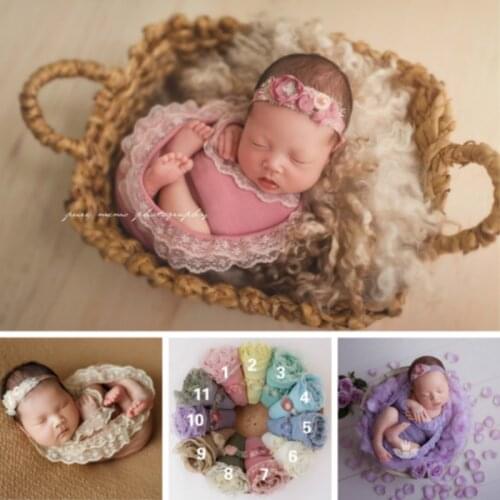 40x160cm Newborn Photography Props Lace Edge Baby Wrapping Cloth Infant Photo Shoot Accessories With Matched Baby Headband