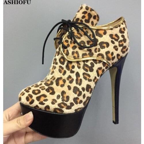 ASHIOFU Handmade New Women High Heel Boots Real-photos Sexy Party Prom Ankle Boots Lace-up Platform Fashion Leopard Boots Shoes