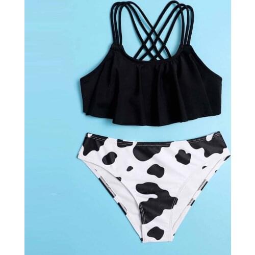 Kids Girl Beach Swimwear For Girls Black And White Cows Print Swimsuit Bathing Cutetwo-piece Swimsuit Купальник Для Девочек#l12