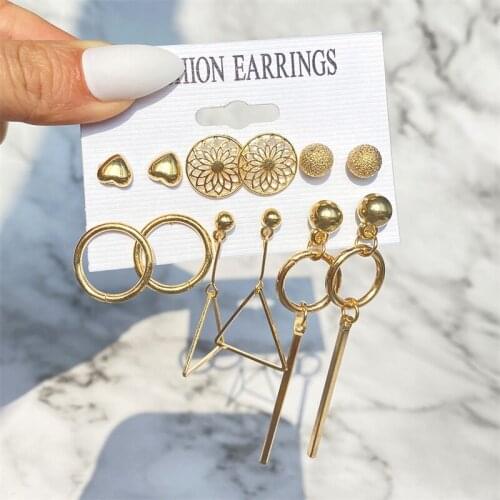 EN Female 6 Pairs/Set Womens Metal Earrings for Women Bohemian Fashion Jewelry 2021 Geometric Round Heart Stud Earrings Set New