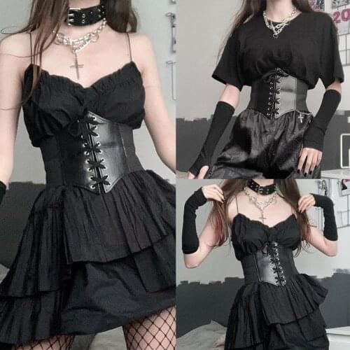 Gothic Dark Lace Up Crop Top Women Corset Belt Slim Tops 2021 Top Bustier Cummerbunds Out To Wear Harness PU Leather X1V9