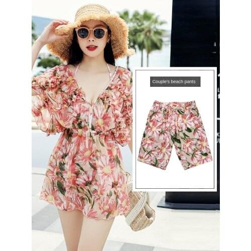 Couple Swimsuit Flora Print 3 Piece Bikini Set High Waist Bikini Women Sexy Beach Wear Swimming Suit for Women Men Beach Shorts