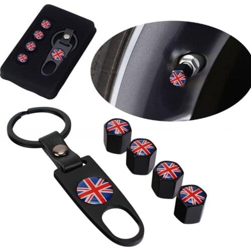 Metal Tire Valve Stem Cap British Flag Union Jack 4pcs Valve Cover+1pc Wrench Keychain Valve Dust Stems Air Cover