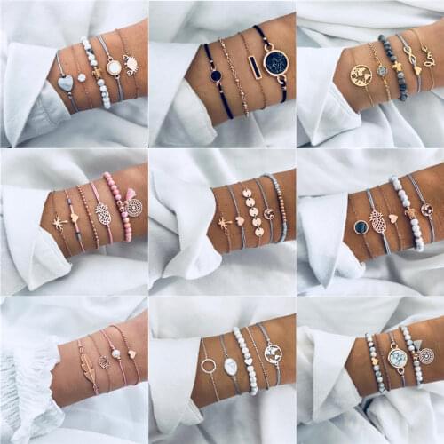 Modyle Golden Wave Map Heart Bracelet Set Female Alloy Geometry Bohemian Vintage Multilayer Charm Bracelet for Woman