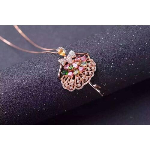 Natural multicolor tourmaline pendant S925 silver Natural gemstone Pendant Necklace trendy Dancing girl fairy women gift jewelry