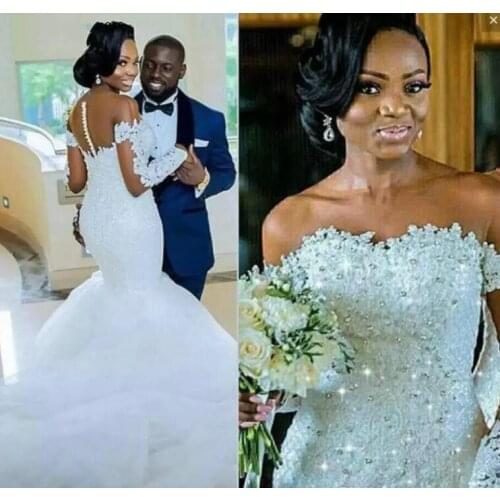 Long Sleeves Mermaid Wedding Dresses 2021 South African Black Girls Beaded Country Garden Formal Bride Bridal Gowns Plus Size