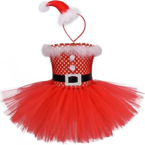 Santa Tutu Dress Baby Girl Birthday Party Dresses Kids Christmas Costume with Santa Hat Headband Red Feather Fluffy Dress 1-12Y