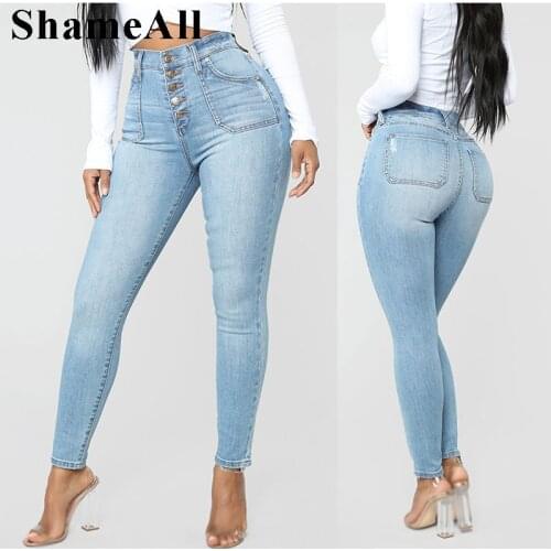 Plus Size Pockets Button Push Up High Waist Light Blue Stretch Skinny Denim Pants 3XL Women White Wash Slim Fit Long Mom Jeans