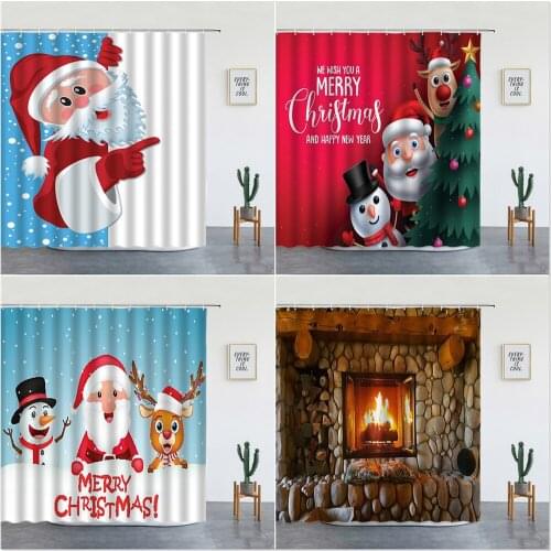Christmas Shower Curtain Set Funny Santa Claus Snowman Elk Fireplace Holiday Cartoon Bathroom Home Decor Washable Bathtub Screen
