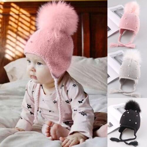 Hot Sale Baby Solid Color Hats Toddler Kids Girls Boys Winter Warm Cotton Hat Infant Pearl Crochet Knit Hat Beanie Cap