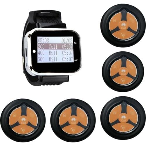 Restaurant Pager Wireless Calling System 1 Wristwatch Receiver + 5 Four Keys Buttons Transmitter For Cafe