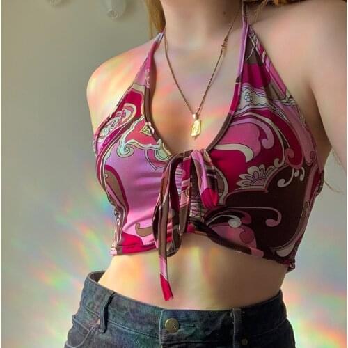 Printed Crop Top y2k Aesthetic Halter Top Ruched Tie Up Camis Women Vintage Sweats Beach Holiday Top 90s Vests