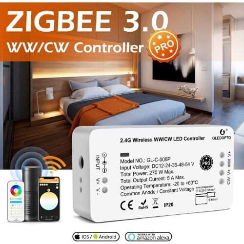 GLEDOPTO ZigBee 3.0 Pro WW/CW LED Strip Controller Work with Alexa Echo Plus SmartThings RF Remote Smart APP Voice Control