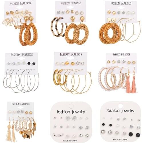 Vintage Geometric Big Gold Metal Earrings Set Imination Pearls Tassels Hoop Dangle Drop Earrings Jewelry Set for Women Gril