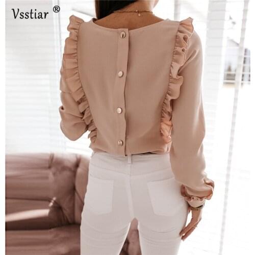 Office Ruffles Blouse Women New Long Sleeve O Neck Button Shirts Winter Casual Plus Size Solid Ladies Blouses White Black Pink