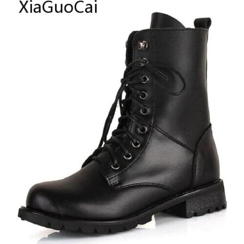 2016 Cool Big Size Women Riding Boots Black Pu Leather Mid-Calf Boots Rivet Adults Maritn Boots for Women X1160 35