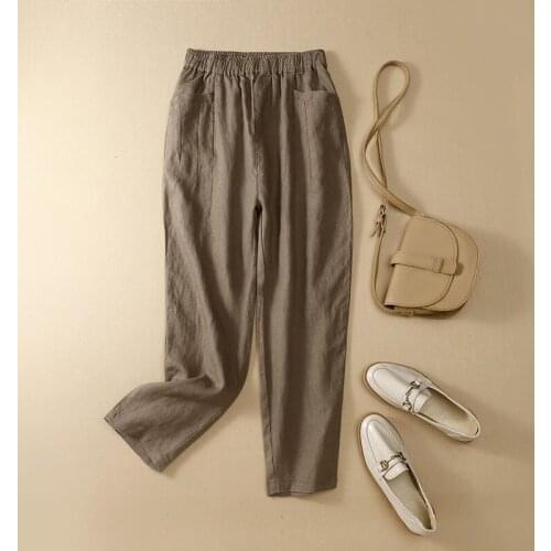 New 2021 Summer Arts Style Women Loose Casual Elastic Waist Harem Pants Double Pocket Cotton Linen Solid Ankle-length Pants V318