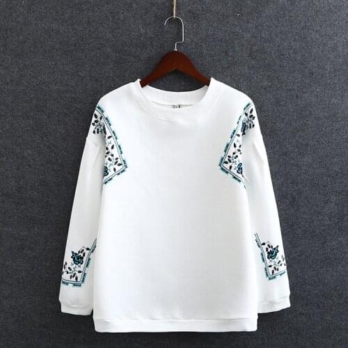 Plus Size Women Autumn Winter Hoodies Floral Embroidered Vintage Casual Pullovers Thin Wool Outerwear