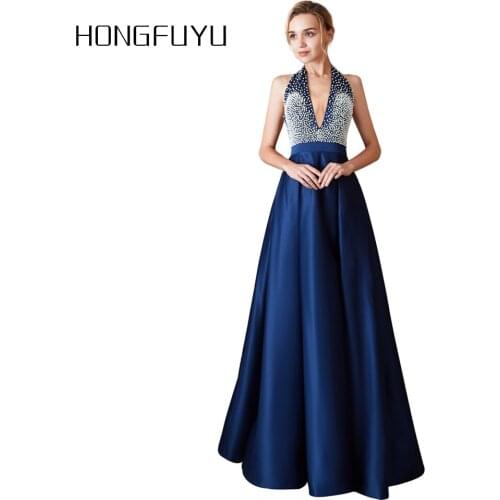 Fashion Sexy Satin Halter Backless A Line Long Evening Dresses 2019 Sleeveless Beading Floor Length Evening Dress HFY71102