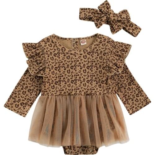 Infant Newborn Baby Girls 0-18M Long Sleeve Ribbed Leopard Jumpsuits Mesh Bodysuits Skirts Spring Autumn Outfits +Headband