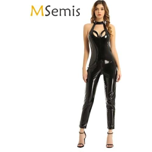 Patent Leather Bodysuit Sexy Clubwear for Womens Lingerie Erotic Costume Ball O-neck Sleeveless Zipper Crotch Leotard Jumpsuit